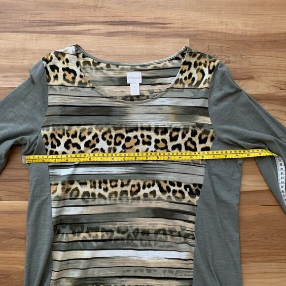 Chico's Top 1 Women's Size 8 Olive Animal Print Leopard Striped 3/4 Sleeve Boho - Picture 2 of 12